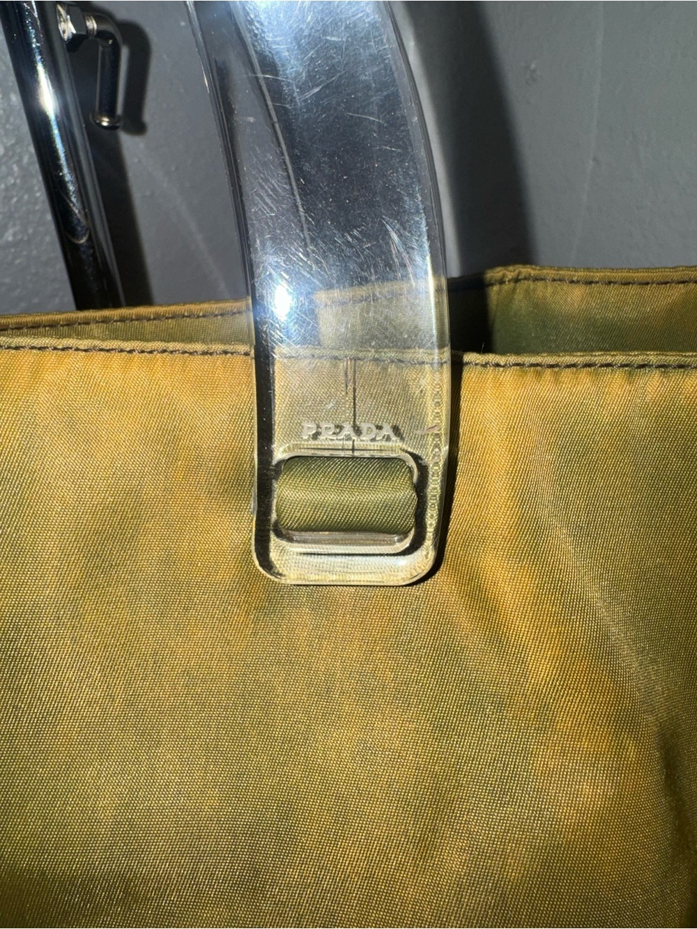 Prada Tessuto Nylon top handle Tote Bag with Clear Lucite Handles (olive green) - Picture 3 of 9